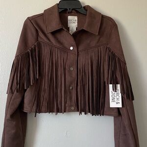Birch & Stone Chocolate Brown Western Boho Suede Style Cowgirl Fringe Jacket M